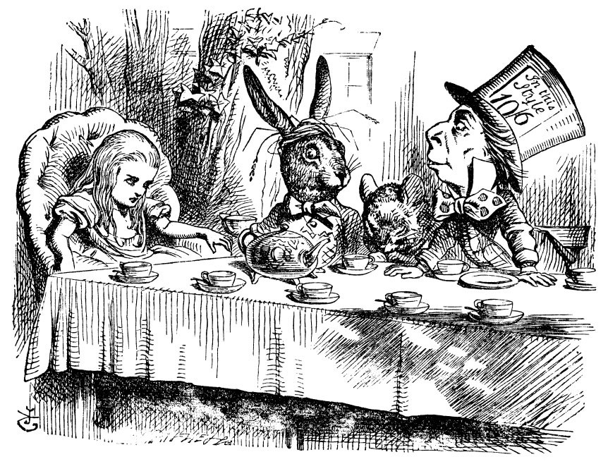 Alice sits at table with March Hare, Dormous, and Hatter