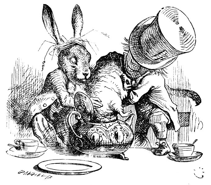 March Hare and Hatter trying to fit the Dormouse in a tea pot