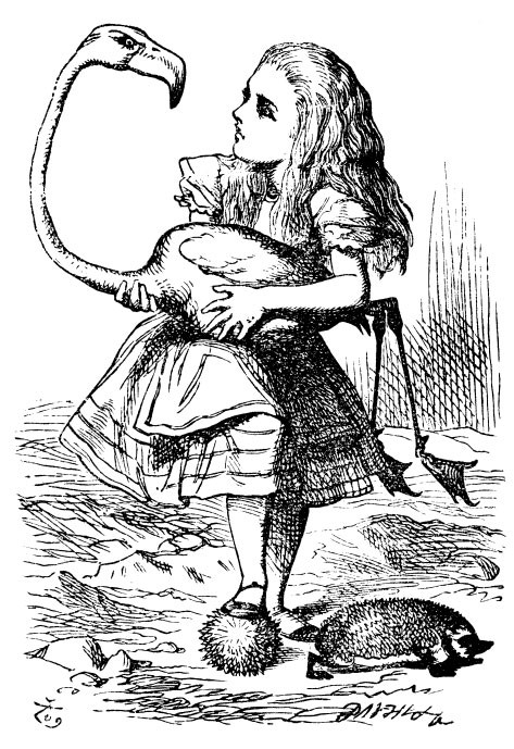 Alice playing croquet with a hedgehog for a ball and a flamingo for a mallet