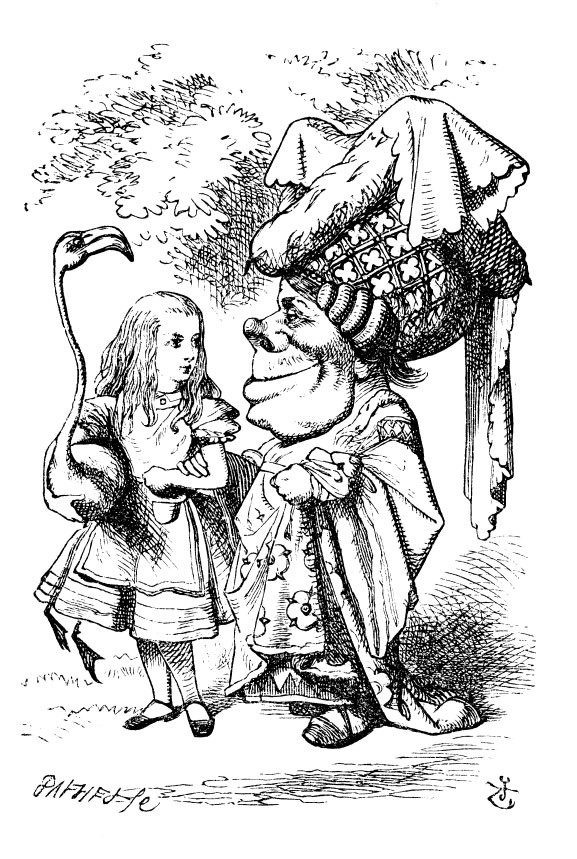 Alice talking to Duchess while holding her flamingo