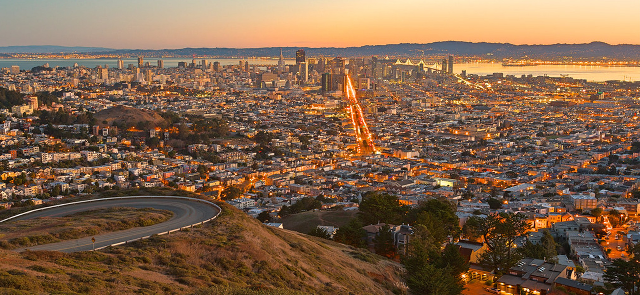 San Francisco from far away hill, Golden Gate Bridge in sight